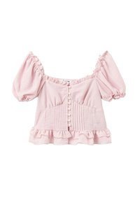 Vaaleanpunainen olkapäältä avattu paita, jossa on puffihihat, röyhelöhelma, teksturoitu kangas, pystysuorat ompeleet ja koristeelliset etupainikkeet.