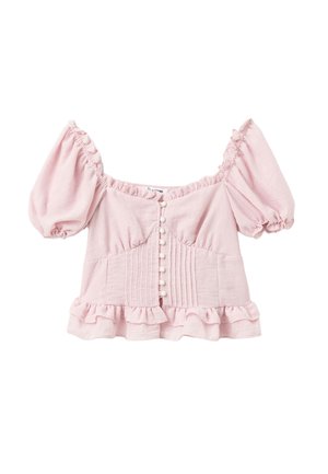 Roze off-the-shoulder top met pofmouwen, een gerimpelde zoom, textuurstof, verticale stiksels en decoratieve knopen aan de voorkant.