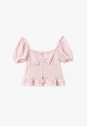 Lyserød off-the-shoulder top med puffærmer, flæset kant, struktureret stof, lodrette syninger og dekorative knapper foran.