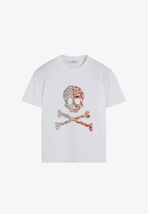 White cotton t-shirt featuring a skull and crossbones graphic made of various text patterns in brownish tones. Short sleeves, crew neck.