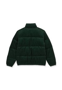 Green corduroy puffer jacket featuring a stand collar, quilted sections, and elasticized hem and cuffs for a tailored fit.
