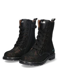 Black suede ankle boots featuring a textured surface with a rainbow shimmer, lace-up design, and rubber sole with minimal tread.