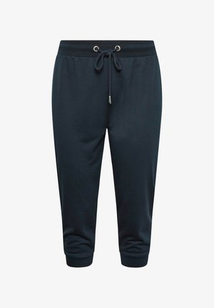 Navy blue cropped jogger pants with elastic waistband and drawstring tie, cuffed at the ankles.