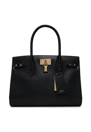 Zwarte handtas van getextureerd leer met twee handgrepen, een gouden hangslotdetail en aangehechte zwarte en gouden merketiketten.