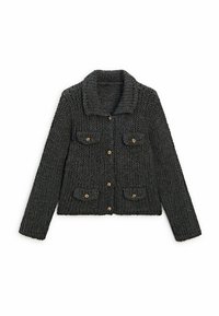 Graue gestrickte Strickjacke mit Kragen, Fronttaschen und goldenen Knöpfen. Verfügt über einen strukturierten Stoff und ein kurzes Design.
