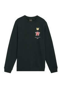 Dunkelgrüner Sweatshirt aus Baumwolle, mit Rundhalsausschnitt, langen Ärmeln und einem grafischen Design mit einer Krone, einer Rose und dem Markenlogo.