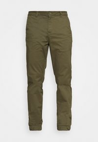 Olijfgroene katoenen broek met een rechte snit, voorzien van een knoopsluiting, ritssluiting en elastische boorden bij de enkels. Geen zichtbare patronen.