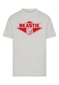 Gray cotton t-shirt featuring a red diamond-shaped logo with the text "BEASTIE BOYS" in bold white letters, centered on the front.