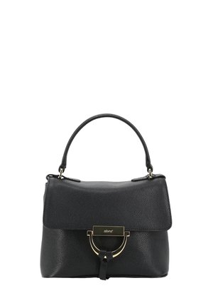 Black leather handbag with a textured finish, rounded top, short handle, gold hardware accent, and a clasp closure on the front.
