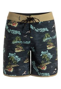 Schwarze Badeshorts mit einem tropischen Druck aus Palmen und Inseln, akzentuiert mit hellgrünem Text. Eingerollter, einfarbiger Sand-Gummibund mit Kordelzug.