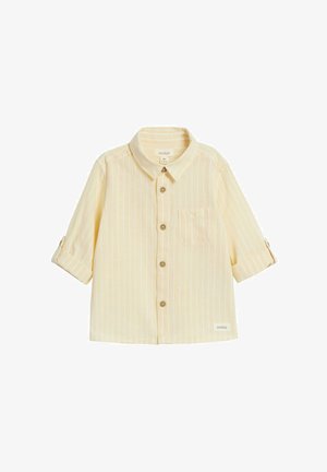 Hellgelbes Kleinkind-Hemd mit weißen vertikalen Streifen, Knöpfen vorne, Brusttasche und hochgekrempelten langen Ärmeln mit Knopfmanschetten.