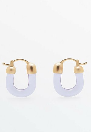 Small hoop earrings with translucent lavender U-shaped hoops and gold-tone metal clasps.