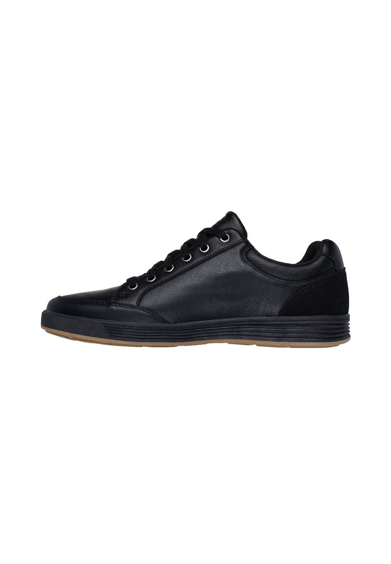 Sneaker in pelle nera con una texture liscia, dotate di sei fori per i lacci, un colletto imbottito e una suola in gomma con un accento beige.