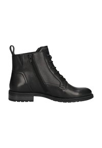 Schwarze Leder-Ankle-Boots mit runder Zehenpartie, Schnürung vorne, seitlichem Reißverschluss, Texturfinish und einer niedrigen, griffigen Sohle.