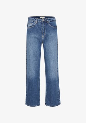Faded blue denim jeans with a wide-leg design, five pockets, and a classic button-and-zip closure. Visible stitching and frayed hems.