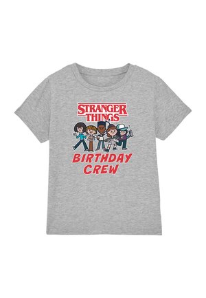 STRANGER THINGS BIRTHDAY CREW UPSIDE DOWN CARTOON - T-Shirt print - mottled light grey