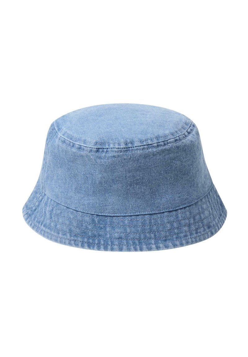 Hellblauer Denim-Bucket-Hat mit runder Oberseite und breitem, nach unten geschwungenem Rand. Verfügt über gestickte Akzente und eine glatte Textur.