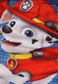 Cartoon hond in een rood brandweermanuniform en -hoed, met zwarte vlekken, blauwe ogen en een gele halsband met een vlambadge.