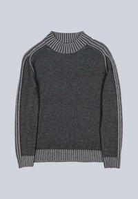 Dark gray knitted sweater with a high ribbed collar, featuring striped accents along the sleeves and ribbed cuffs and hem.