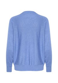 Suéter de punto azul claro con un corte holgado, mangas largas y un dobladillo y puños de canalé. Tejido texturizado con un aspecto suave.