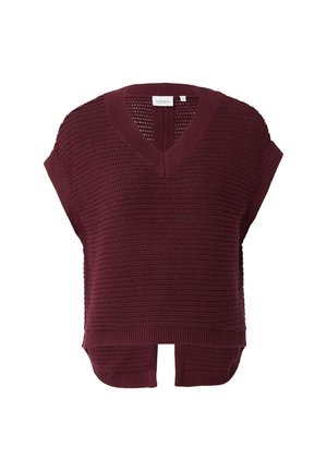 Top a maglia bordeaux con scollo a V, maniche corte, tessuto strutturato e orlo a coste. Presenta fessure laterali per una maggiore libertà di movimento e circolazione d'aria.