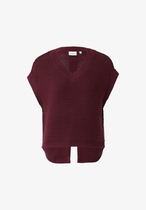 Burgundowe dzianinowe top z dekoltem w kształcie V, krótkimi rękawami, teksturowanym splotem i ściągaczem na dole. Posiada boczne rozpory dla lepszej swobody ruchu i wentylacji.