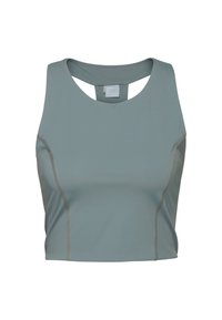 Bra sportivo di un azzurro chiaro con scollatura rotonda, design con schiena scoperta e dettagli delle cuciture sottili. Realizzato in un tessuto morbido ed elasticizzato.