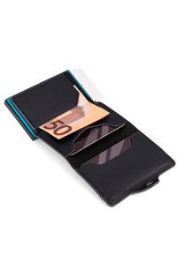Black leather wallet open with a 50-euro note and two striped credit cards inside against a white background.