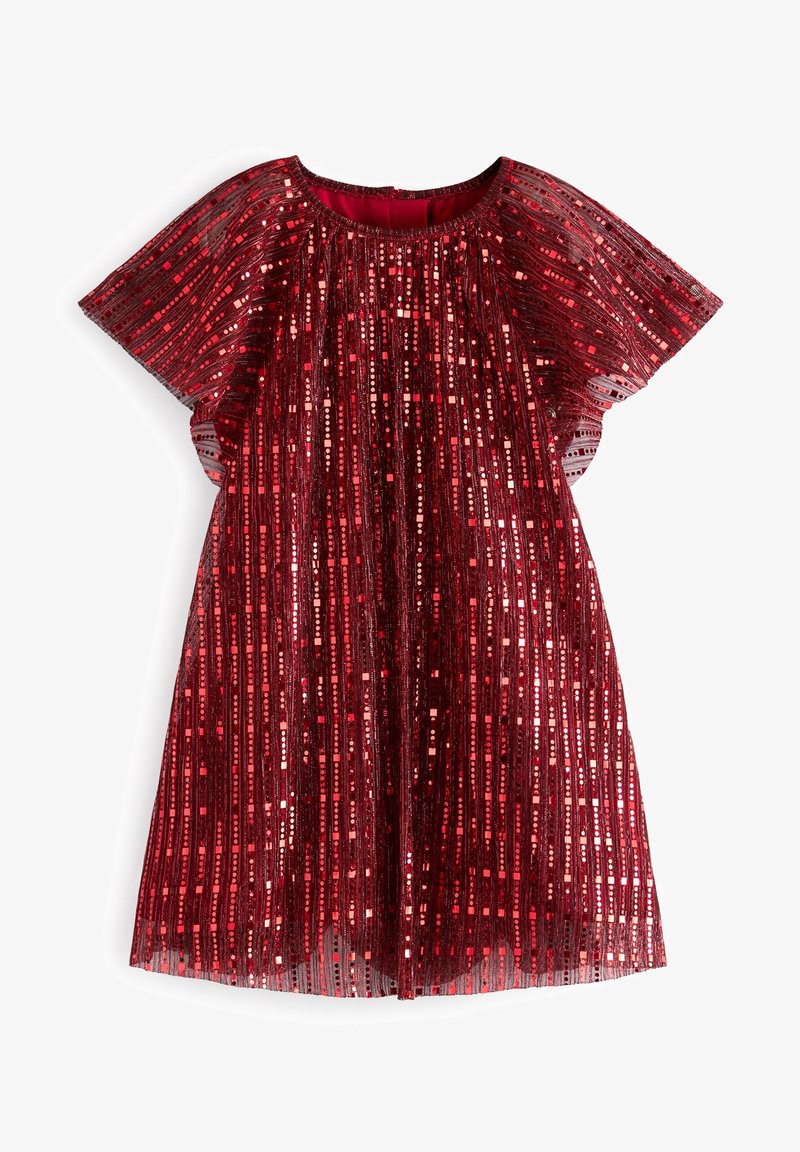 Robe rouge à manches courtes avec des rayures verticales de sequins scintillants et un col rond, présentée sur un fond blanc.