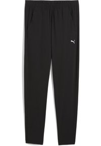 Zwarte sportieve broek van lichtgewicht materiaal, voorzien van een koordsluiting in de taille, zijzakken en een klein wit logo op de linker dij.