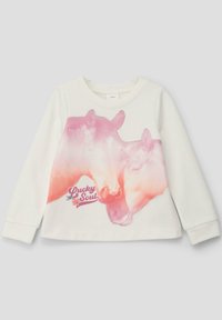 Chemise blanche à manches longues avec un graphisme rose représentant deux vaches s'enlaçant. Comprend le texte "Lucky Soul" dans une police ludique. Matière douce.