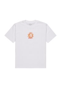 Camiseta de algodón blanca con un gráfico central de un sol naranja con diseño de cara. Cuello redondo clásico y mangas cortas, corte relajado.