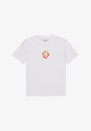 White cotton t-shirt featuring a central orange sun graphic with a face design. Classic crew neck and short sleeves, relaxed fit.