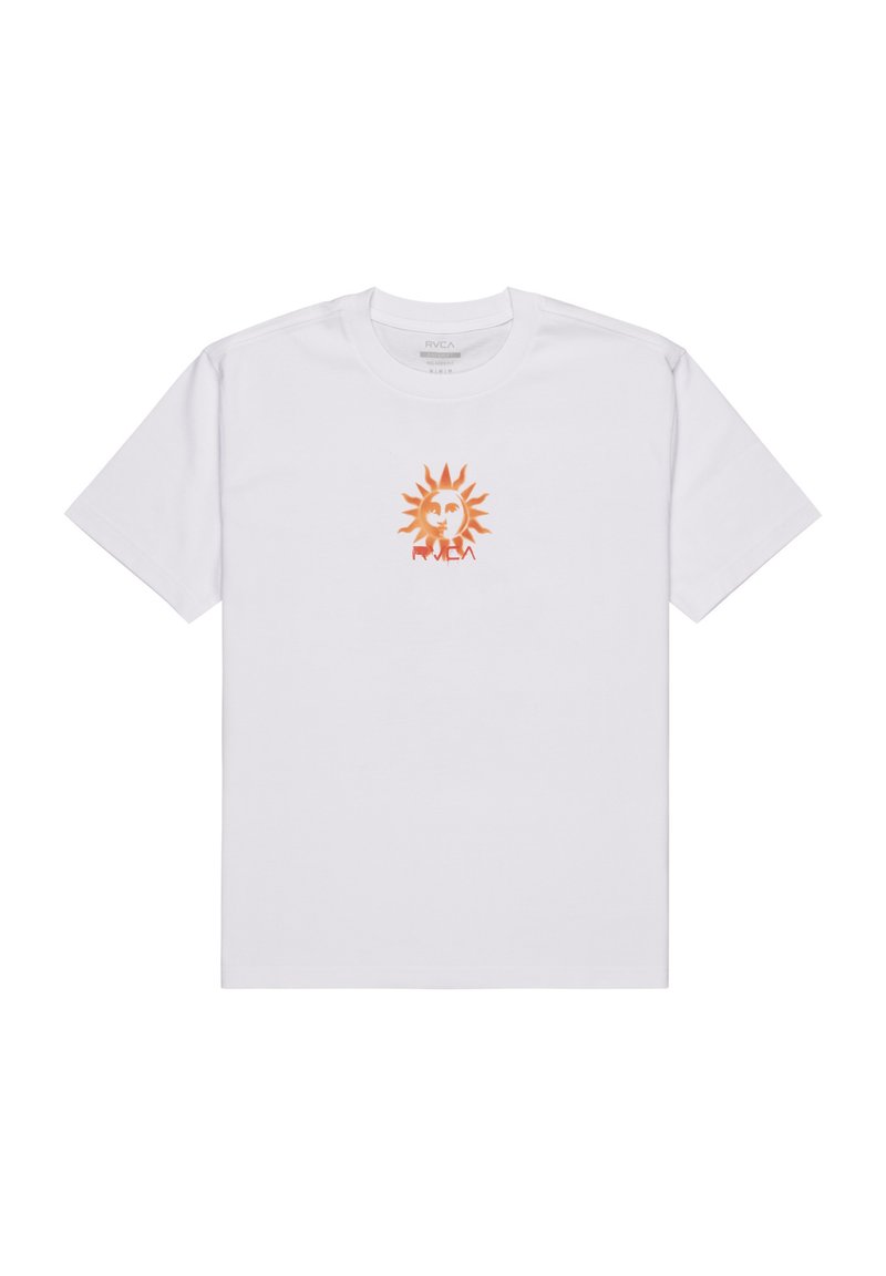 Camiseta de algodón blanca con un gráfico central de un sol naranja con diseño de cara. Cuello redondo clásico y mangas cortas, corte relajado.