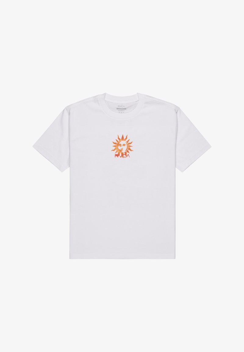 White cotton t-shirt featuring a central orange sun graphic with a face design. Classic crew neck and short sleeves, relaxed fit.