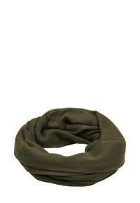 Oliwkowy szalik w nieskończoność, wykonany z miękkiego, teksturowanego materiału. Posiada ciągły wzór, odpowiedni do różnych stylów i okazji.