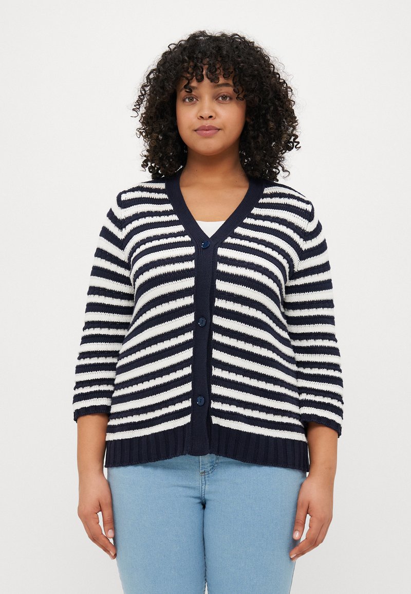 Navy and cream striped cardigan with three-quarter sleeves, V-neck, five buttons, and ribbed hem. Soft knit fabric with a textured finish.