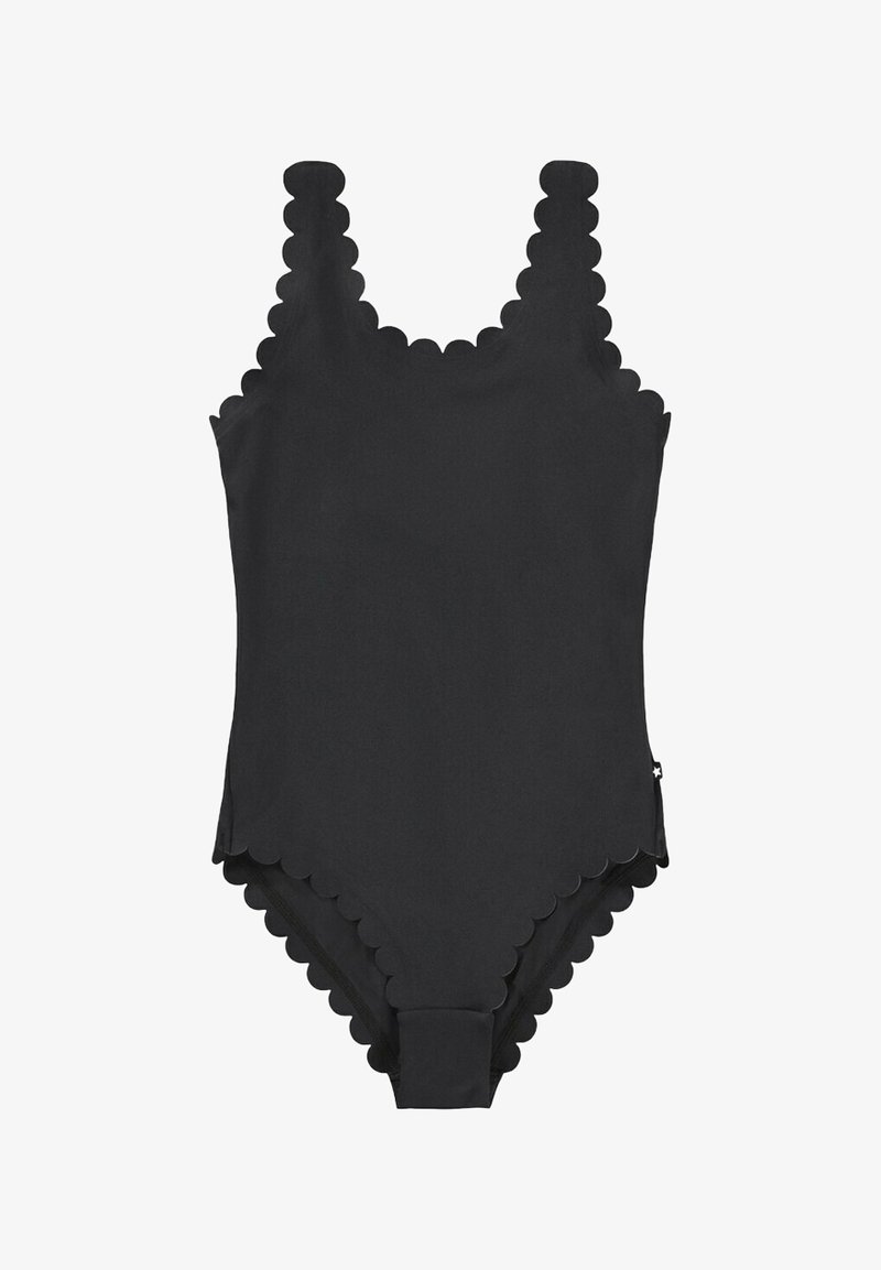 Costume intero nero con bordi smerlati, spalline larghe e forma aderente. Realizzato in tessuto liscio ed elastico per il massimo comfort.