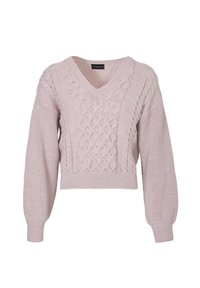 Hellrosa gestrickter Pullover mit V-Ausschnitt, der aus Kabelstrickmustern sowie gerippten Bündchen und Saum besteht. Kurz geschnittenes Design mit strukturierten Details.