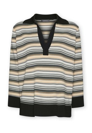 Gestricktes gestreiftes Oberteil mit schwarzem Kragen, das horizontale Linien in Beige, Weiß und Schwarz aufweist, mit V-Ausschnitt und dreiviertellangen Ärmeln.