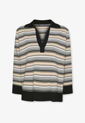 Haut en maille rayé avec un col noir, présentant des lignes horizontales beige, blanc et noir, avec un col en V et des manches trois-quarts.