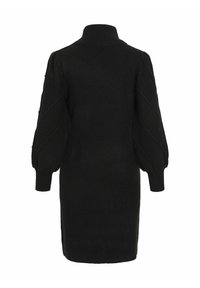 Robe en tricot noir avec un col haut, des manches ballon présentant un motif texturé, et des poignets côtelés, offrant une silhouette ajustée.