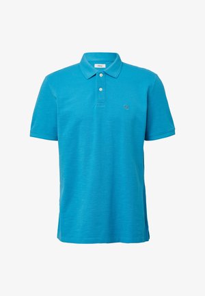Türkisfarbenes Polohemd aus weicher Baumwolle mit einer Zwei-Knopf-Leiste, kurzen Ärmeln und einem dezenten strukturierten Muster.
