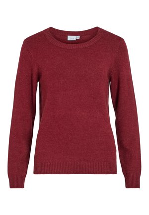 Roter gestrickter Pullover mit rundem Halsausschnitt, langen Ärmeln und gerippten Bündchen und Saum. Weiche Textur mit einheitlichem Finish.