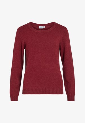 Rdeča pletena jopica z okroglim izrezom, dolgimi rokavi in rebrastimi manšetami ter spodnjim robom. Mehak tekstura z enakomernim zaključkom.
