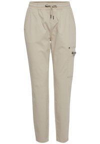 Beige cargo kalhoty s elastickým pasem, šňůrkou na stažení, bočními kapsami a kapsou na zip na pravé noze. Hladká struktura látky.