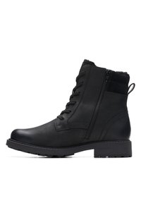 Black leather ankle boot with a round toe, lace-up front, side zipper, and textured lining. Features a sturdy block heel and rubber sole.