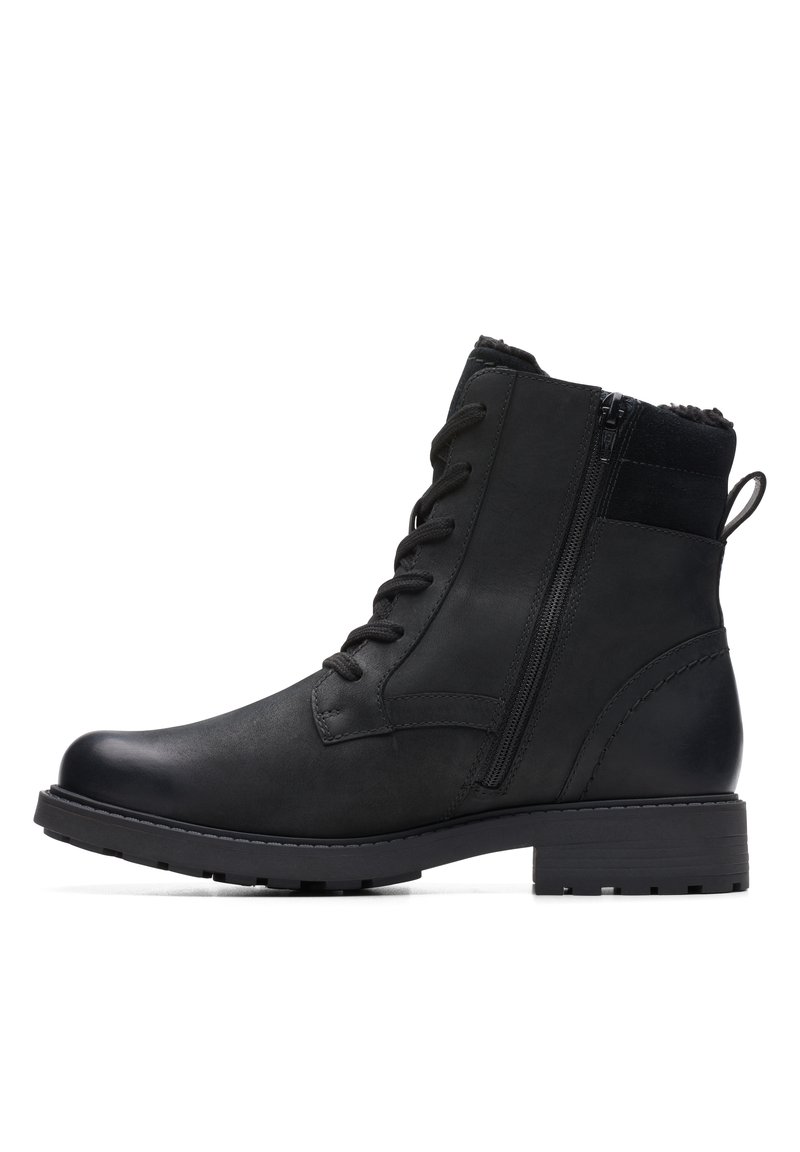Black leather ankle boot with a round toe, lace-up front, side zipper, and textured lining. Features a sturdy block heel and rubber sole.