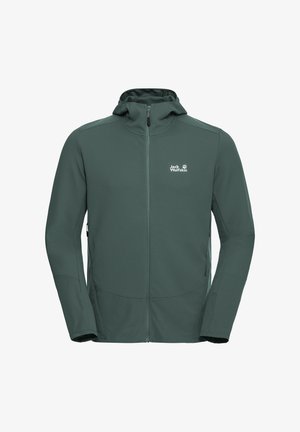 Giacca in pile verde scuro, con chiusura frontale con zip, tessuto strutturato e logo sul petto sinistro. Include un cappuccio aderente.