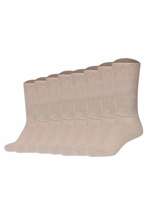 Neun Paare beige knöchellange Socken mit strukturiertem oberen Bündchen und glattem Fußbereich, in einer versetzten Reihe auf weißem Hintergrund angeordnet.